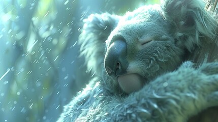 Fototapeta premium Koala sleeping on a tree branch with eyes closed during rain