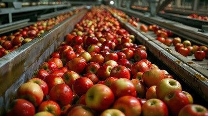 Closeup apple fruits wait in package processing in food factory. AI generated image