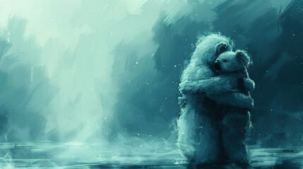 Fototapeta premium Bear hugging its face, surrounded by trees and water