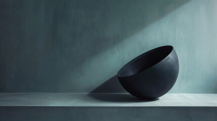 A black bowl is sitting on a shelf