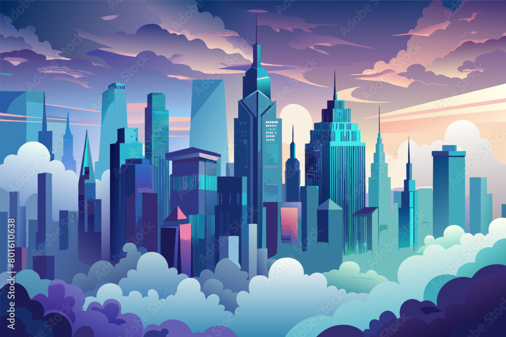 Poster a mist-covered city skyline, with skyscrapers disappearing into the clouds and creating a surreal an