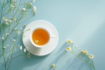 Cup of herbal tea surrounded by camomiles on a light blue background with copy space..