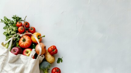 Paper bag with vegetables and fruits of healthy food delivery on white background. AI generated