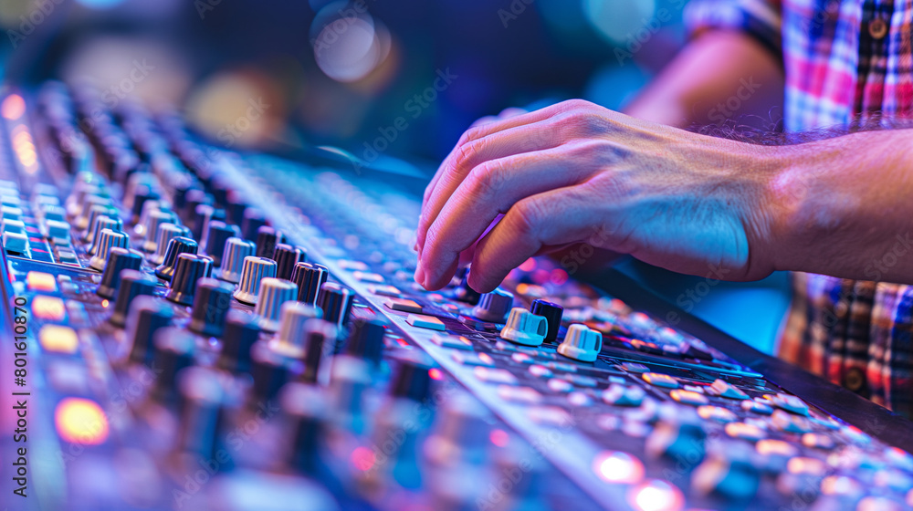 Poster close-up on the intricate maze of buttons and faders on the mixing console, each control a potential