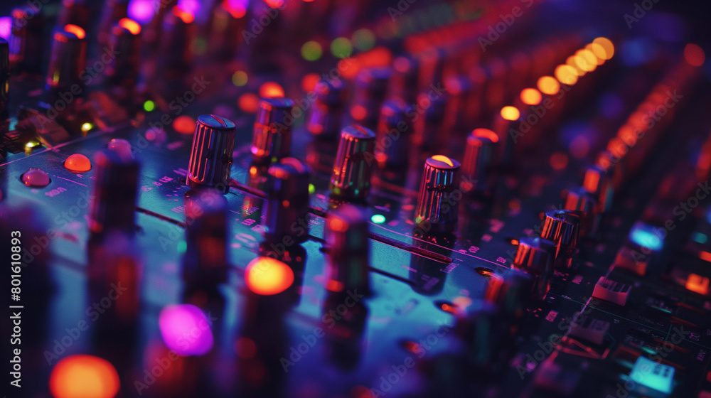 Poster amidst a sea of colorful led meters, a close-up shot focuses on the intricate array of knobs and sli