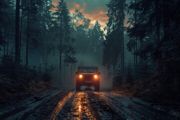 Driving into the dark forest at sunset, feeling the mysterious atmosphere and the fading light  8K , high-resolution, ultra HD,up32K HD
