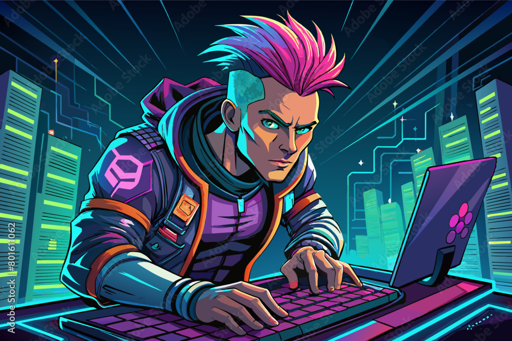 Poster a mischievous cyberpunk hacker with a neon-lit mohawk and glowing code tattoos, typing furiously on 