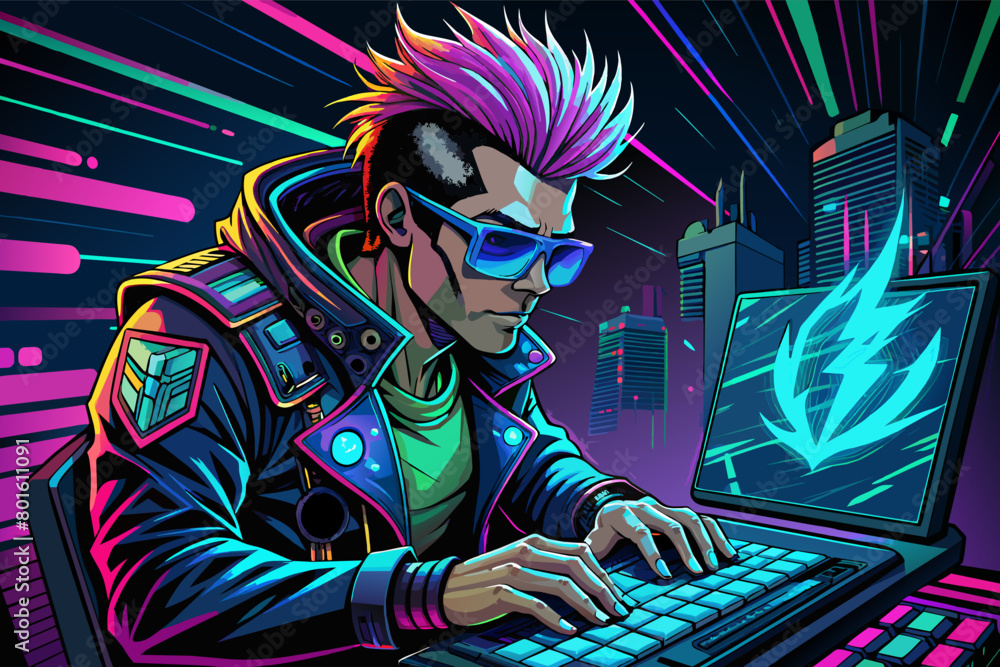 Poster a mischievous cyberpunk hacker with a neon-lit mohawk and glowing code tattoos, typing furiously on 