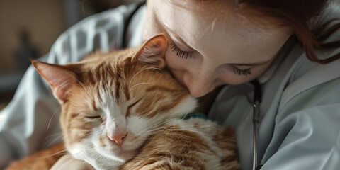 Female vet comforting a cat at vet clinic. Pet at veterinarian doctor. Animal clinic. Pet check up and vaccination. Health care.