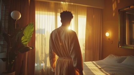 A person stands facing a window with bright sunlight pouring through, casting a warm glow in a cozy bedroom setting.