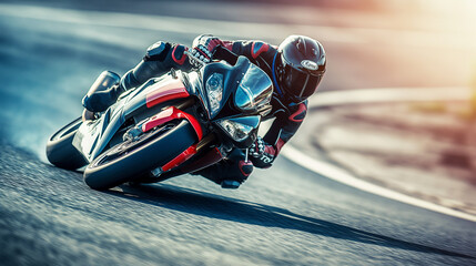 Fototapeta premium Racing against the clock, the motorcyclist leans into the curve, their body a study in focus and determination as they push themselves to the edge of possibility, the adrenaline-fu