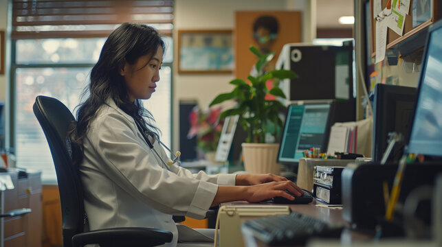 In the heart of the hospital's administrative hub, the doctor in a white coat sits at their computer, surrounded by the hum of productivity as they meticulously update patient char