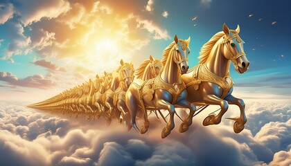 the golden decorative beautiful chariot with live withe ten running horses in one lines in the sky...