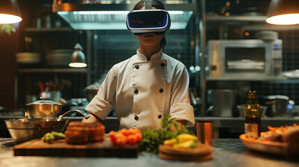 Donning VR glasses, the cook moves with confidence and purpose in the kitchen, their movements guided by a virtual chef mentor as they hone their skills and elevate their craft, th