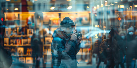 Street photographer capturing the essence of urban life, his reflection seen in a store window amidst the citys hustle and bustle.