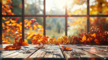 Closeup a wooden table near windows with autumn landscape blurred background. AI generated image