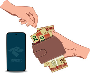 Imagem conceitual de impostos com uma cédula de 20 reais brasileiros, representando a tributação financeira no Brasil