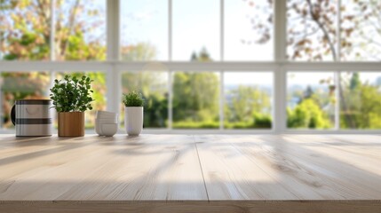 Closeup kitchen wooden counter top interior design on blurred window background. AI generated image