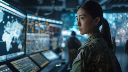 Amidst the controlled chaos of the command center, the young woman in military attire stands at the interactive whiteboard, her expression focused as she disseminates critical info