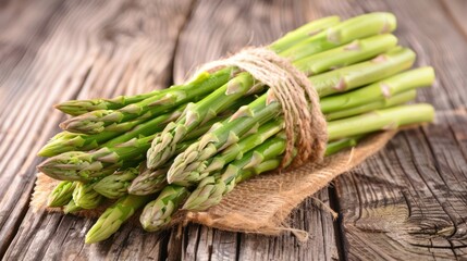 Top view bunch of fresh asparagus vegetable on rustic brown wooden table. AI generated image