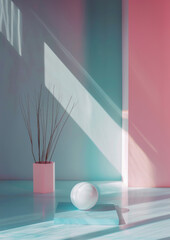 A white ball sits on a blue surface in front of a pink vase