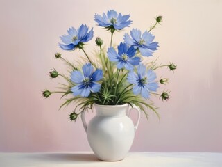Delicate bouquet of Nigella (Love-in-a-mist) flowers in  white vase. Oil painting, floral illustration