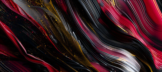 Abstract artwork with a sophisticated mix of flowing lines and precise geometric shapes, rendered in rich crimson, bold black, and metallic gold, captured as if through an HD camera lens