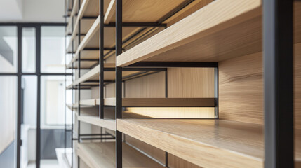 Close-up view: Amidst the rhythm of renovation, builders meticulously install sleek, modern shelving units that offer both storage and style in modern, bright apartments, each shel