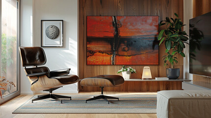 A mid-century modern living room, Eames lounge chair, and a single abstract painting dominating the wall.