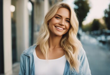 Fototapeta premium young woman casual wearing pretty blonde Smiling clothes