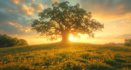 Golden sunrise through ancient oak tree on flower-covered hill