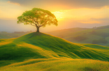 Obraz premium Sunset over rolling hills with a lone tree and wildflowers