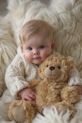 A baby in a white sweater holding onto a teddy bear, AI