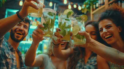 Happy young friends having fun cheering fresh drinks in restaurant. AI generated image