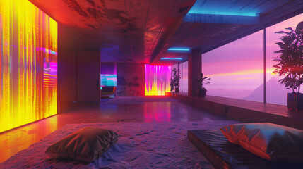 A cyberpunk penthouse, neon-lit, and a single holographic art installation casting shifting patterns on concrete walls.