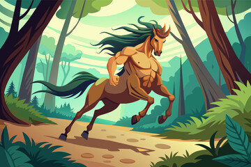 A majestic centaur with the body of a horse and the torso of a man, galloping through the forest with lightning speed and grace - obrazy, fototapety, plakaty