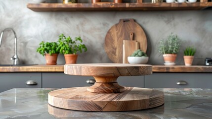 Closeup wooden podium pedestal display product on the kitchen table interior design. AI generated