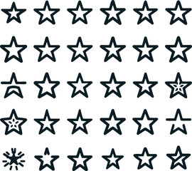 Stars set icons of black hand drawn vector stars in doodle style on a white background. Can be used as a pattern or standalone element, sketch brush marks.