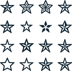 Stars set icons of black hand drawn vector stars in doodle style on a white background. Can be used as a pattern or standalone element, sketch brush marks.