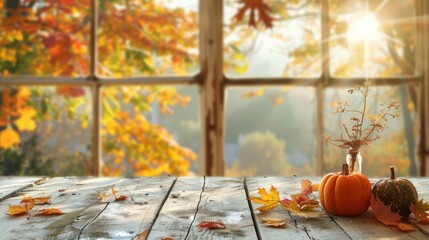 Closeup a wooden table near windows with autumn landscape blurred background. AI generated image