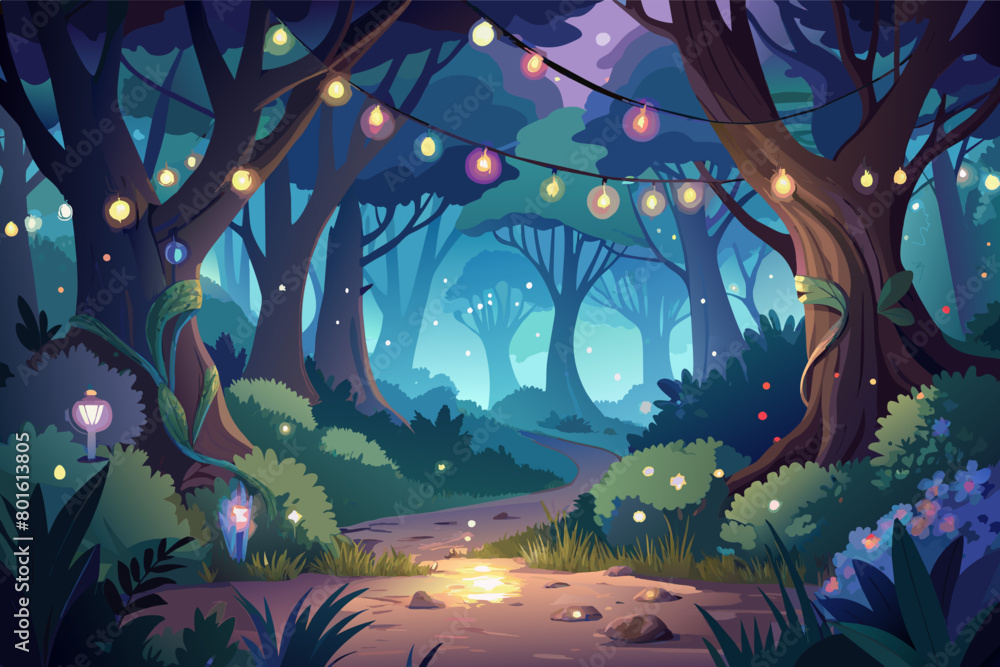 Poster A magical forest glade with sparkling fairy lights illuminating the trees, creating a whimsical and enchanting atmosphere