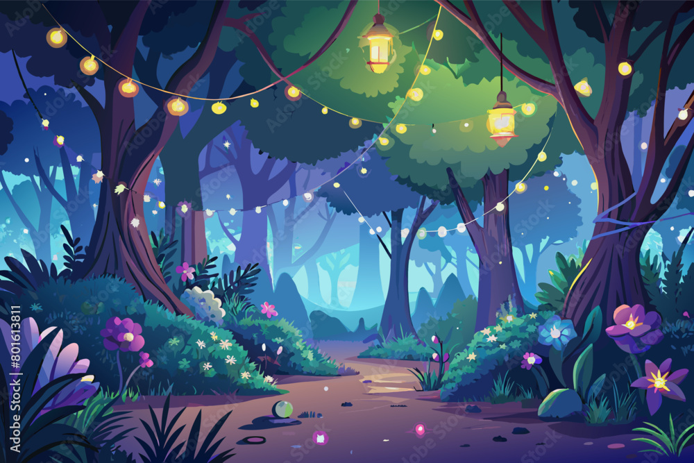 Poster A magical forest glade with sparkling fairy lights illuminating the trees, creating a whimsical and enchanting atmosphere