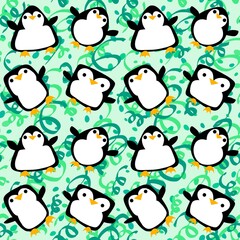 Cartoon festive animals seamless birthday decor and penguin pattern for wrapping paper and fabrics