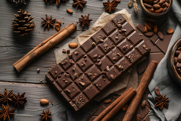 Artisanal dark chocolate bar surrounded by spices. Rustic gourmet presentation with cinnamon and star anise. Rich flavor concept. Design for cookbook, food magazine, poster