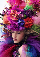 Naklejka premium A woman wearing a colorful flower headdress