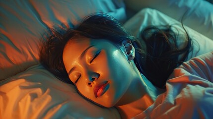Young Asian woman sleeping on bed in the bedroom at night. AI generated image