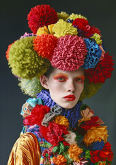 A woman wearing a colorful flowery headpiece