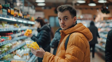 Portrait a young man buy fresh food at grocery in supermarket background. AI generated image