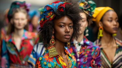 A diverse group of women wearing vibrant clothing and headscarves standing together.