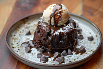 Decadent chocolate lava cake topped with vanilla ice cream and drizzled with chocolate syrup. Gourmet dessert presentation on a ceramic plate. Delightful indulgence concept. Design for menu, cookbook